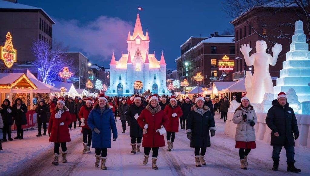 Célébration hivernale au Carnaval de Québec avec des participants en habits colorés, entourés de sculptures de glace et lumières féeriques