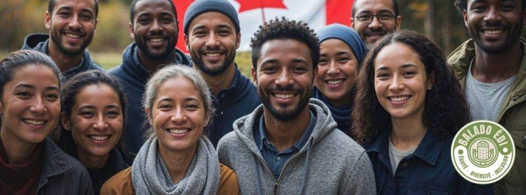 Groupe de personnes souriantes de divers horizons culturels réunies devant un drapeau canadien, symbolisant l’entraide, la diversité et l’intégration.
